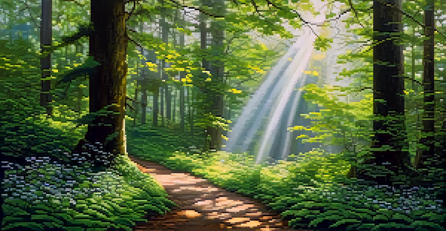 A vibrant forest with sunlight shining through trees, blooming wildflowers, and a winding path inviting exploration.