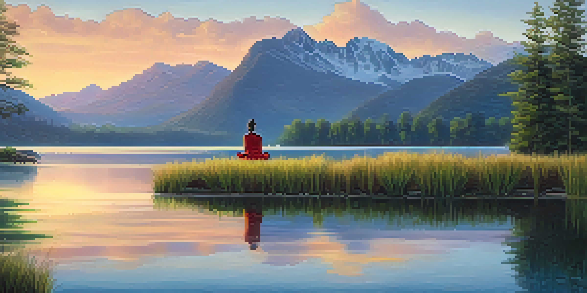 A tranquil lake scene at sunrise with a person meditating on a dock surrounded by mountains and greenery.