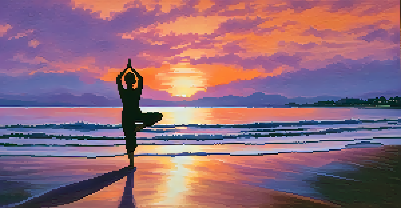 A person practicing yoga on a beach at sunset, silhouetted against a vibrant sky with waves gently lapping at the shore.