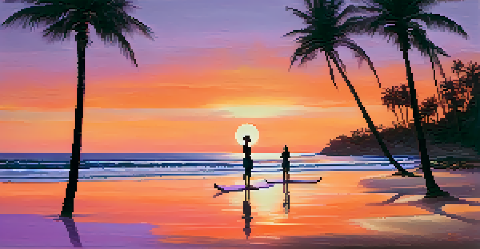 A peaceful beach at sunset with a person doing yoga on the sand and palm trees in the background.