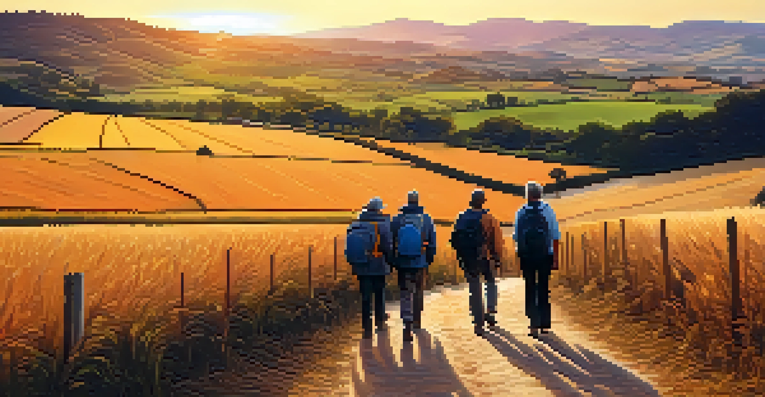 Pilgrims walking along the Camino de Santiago path at sunset, surrounded by golden fields and distant mountains.
