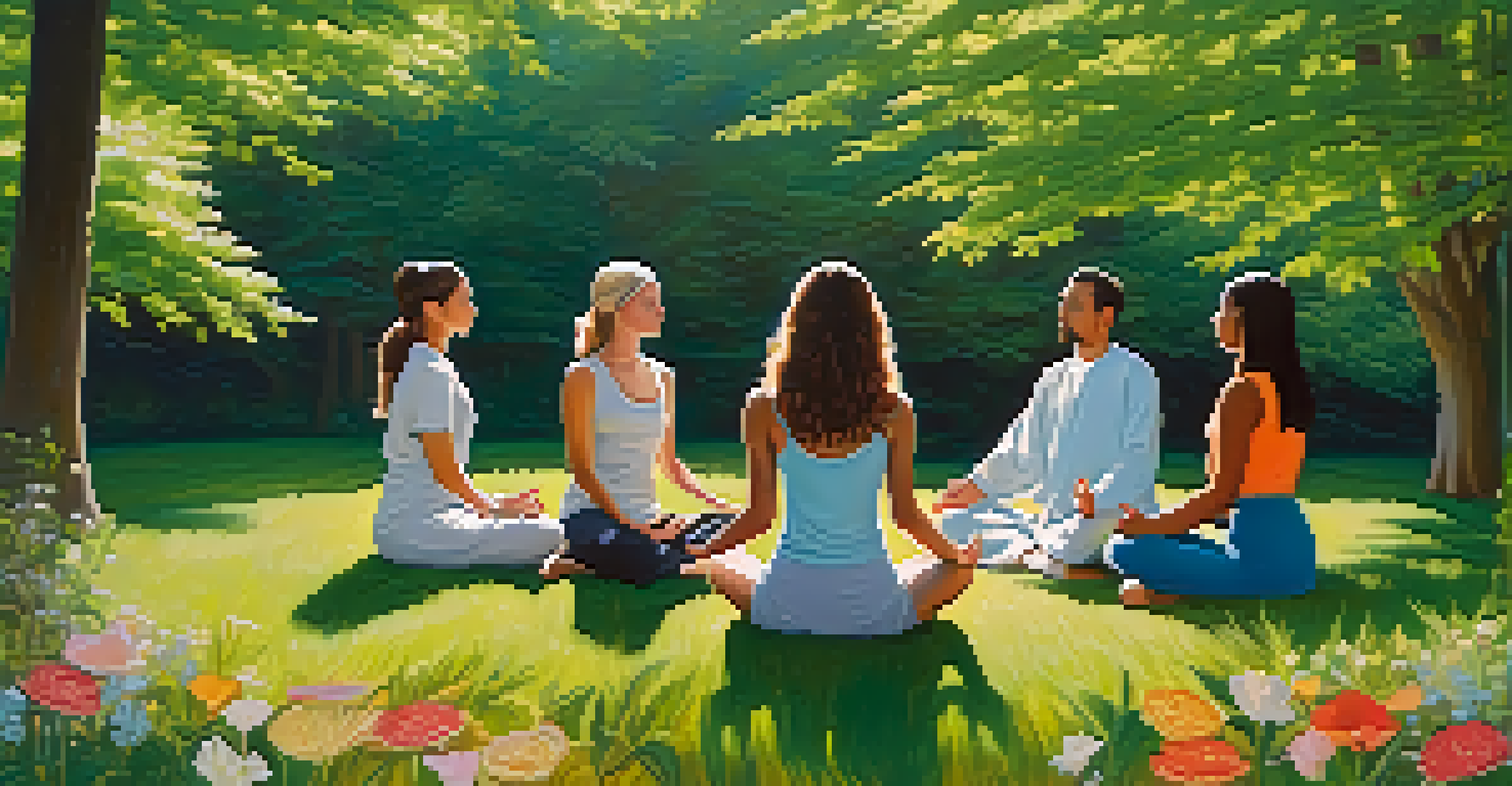 A meditation session in nature with people seated in a circle, surrounded by greenery and flowers.