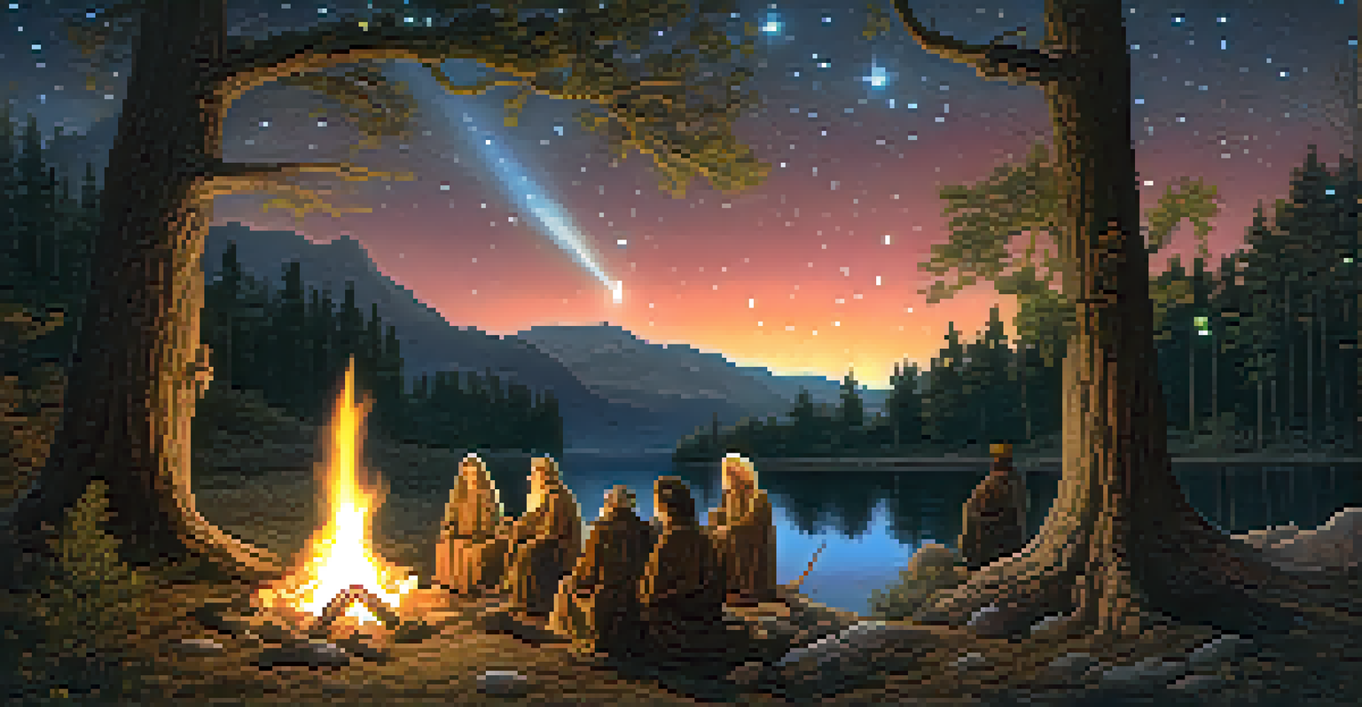 Mythological figures around a campfire under a starry sky, representing different archetypes and sharing stories.