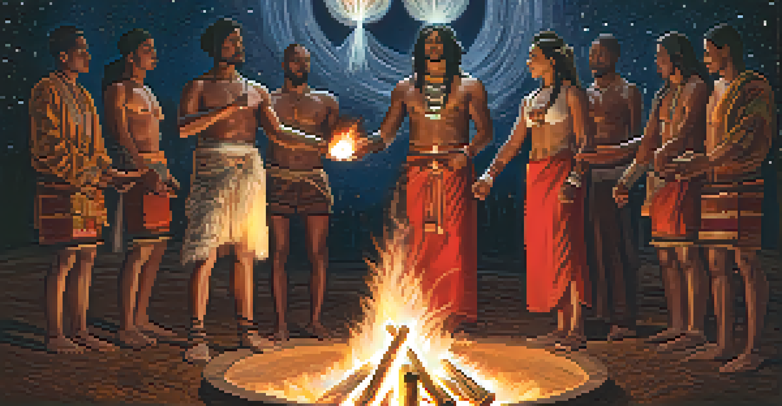 A group of people holding hands around a bright sacred fire, engaged in a spiritual ceremony at night.