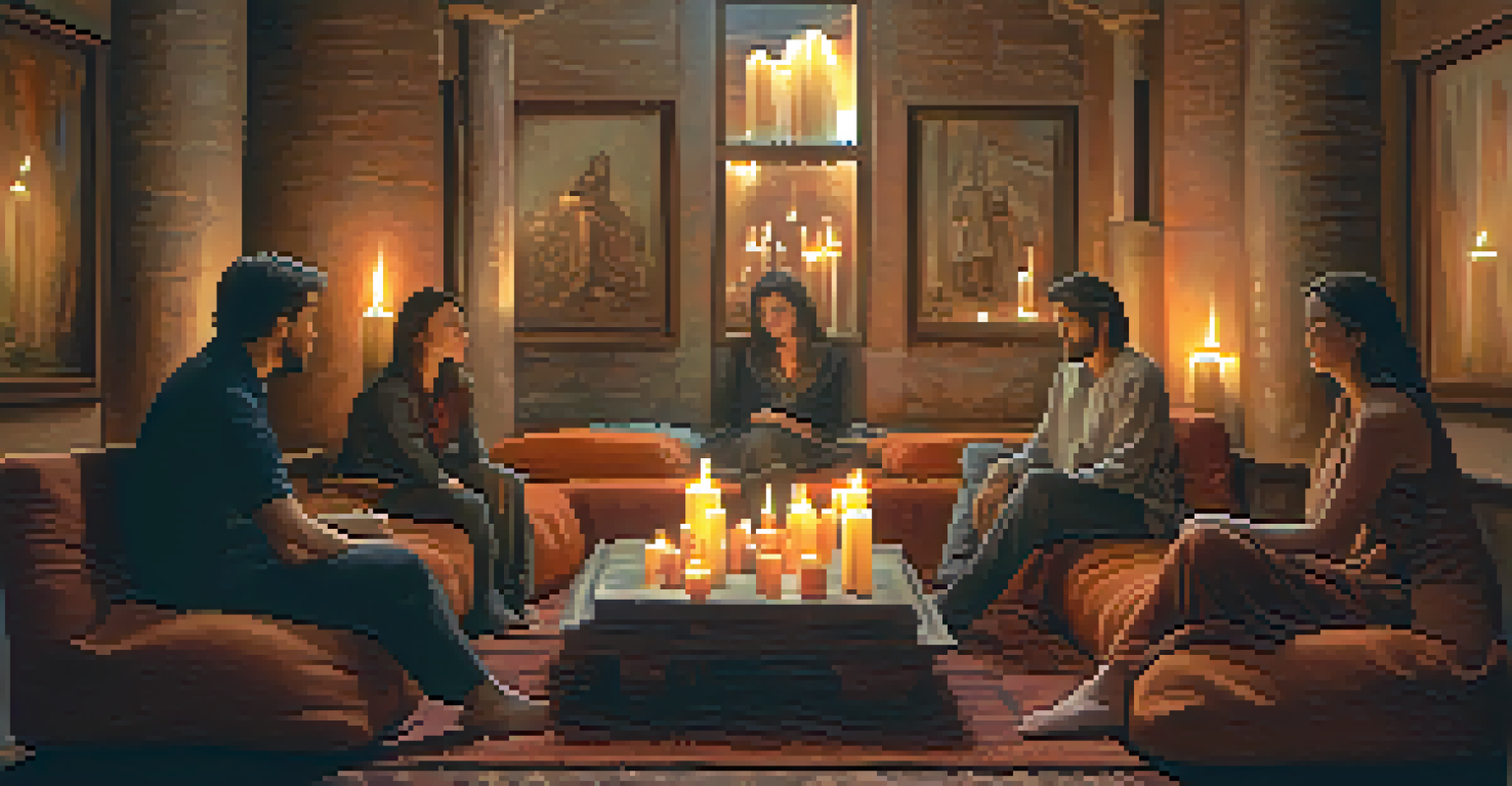 A cozy indoor gathering of people discussing spirituality, surrounded by candles and cushions, in a warm and inviting atmosphere.
