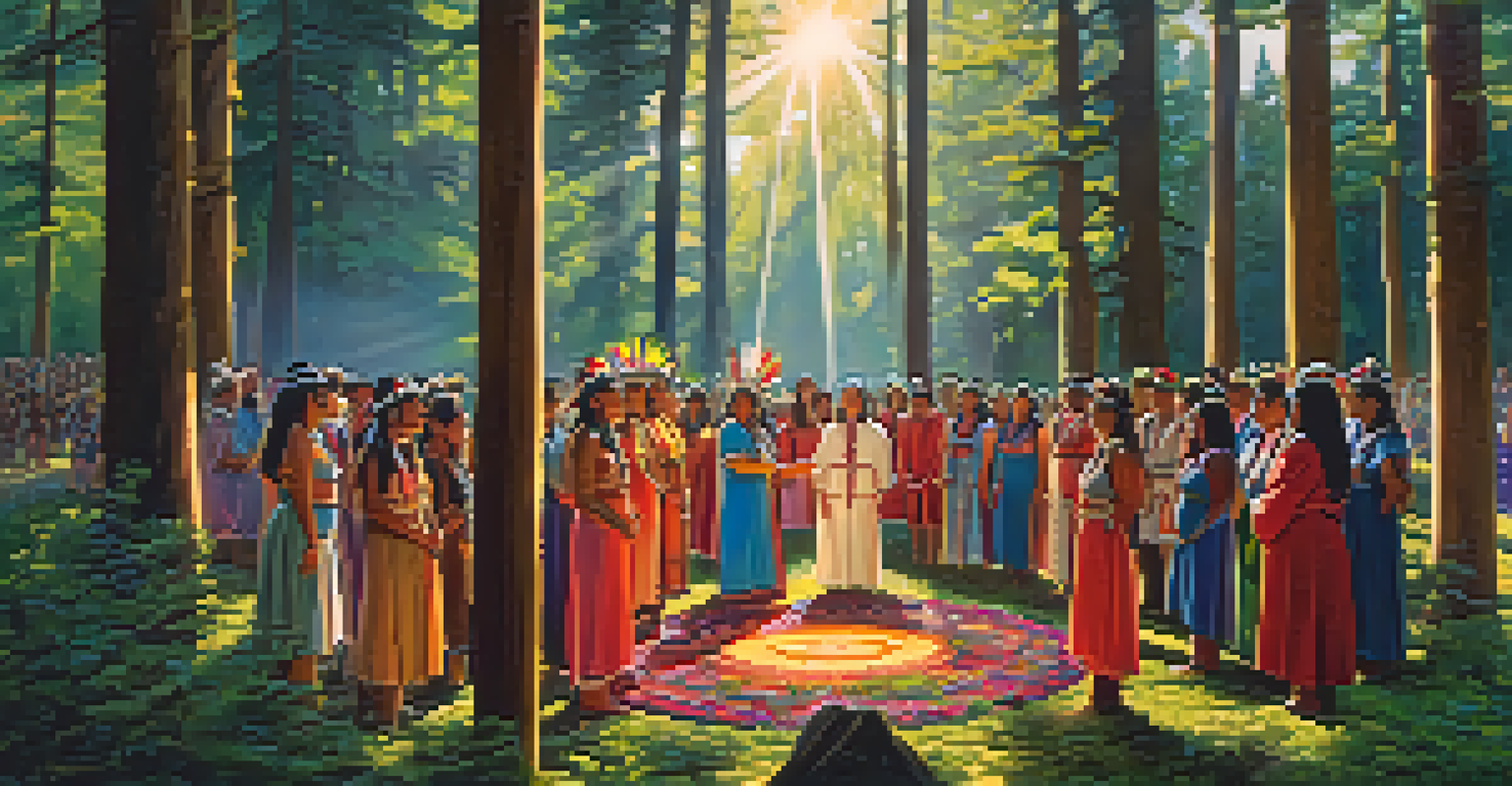A traditional Native American ceremony with participants in colorful attire dancing in a forest clearing, surrounded by flowers and sunlight.