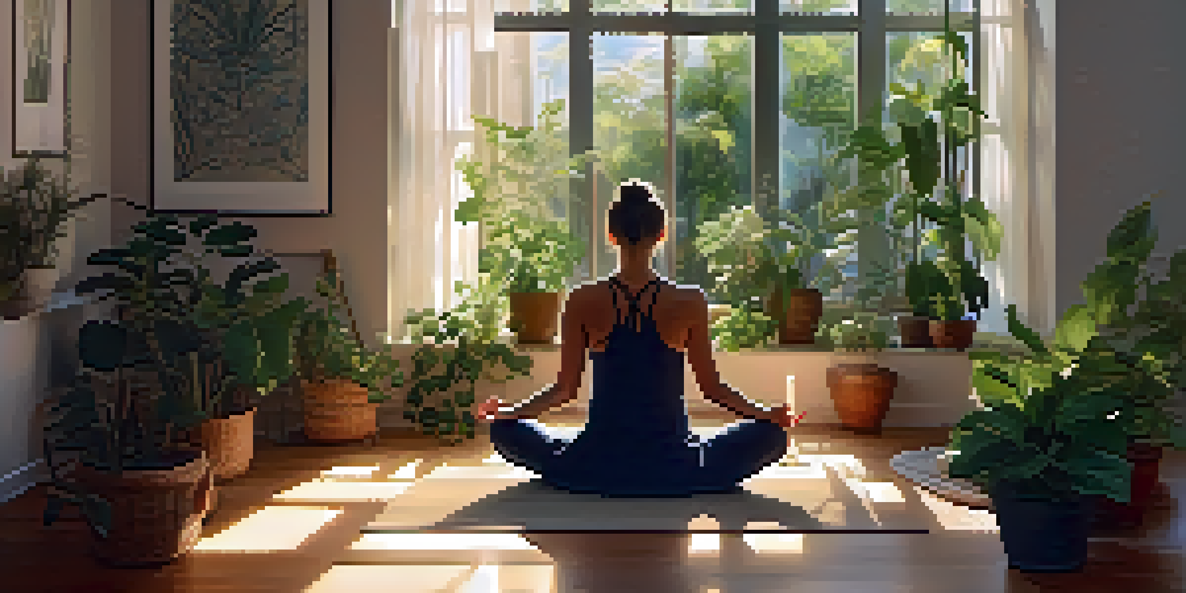 A person meditating in a sunlit room surrounded by plants and candles, exuding tranquility and mindfulness.