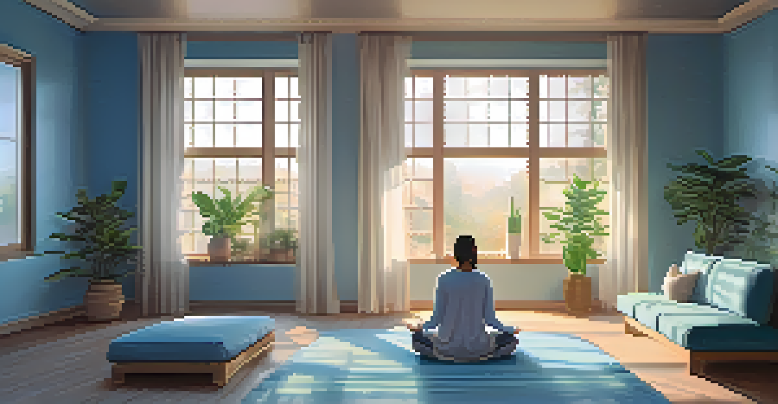 A tranquil indoor meditation space with natural light, soft cushions, and a person meditating with eyes closed.