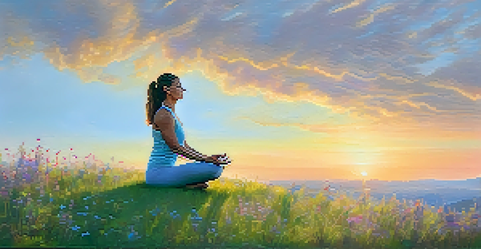 A person practicing yoga on a grassy hilltop at sunrise, surrounded by wildflowers and soft pastel colors in the sky.