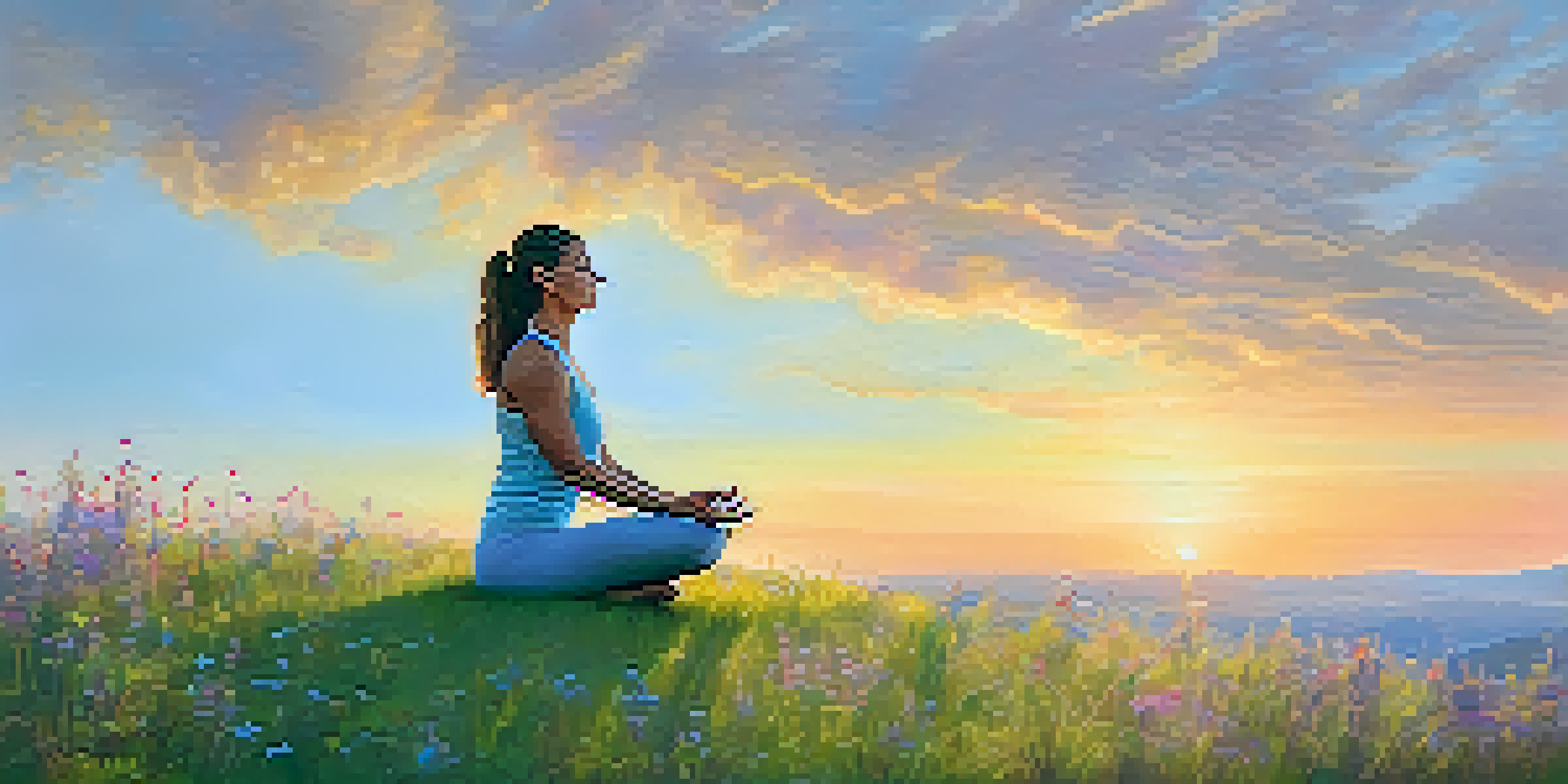 A person practicing yoga on a grassy hilltop at sunrise, surrounded by wildflowers and soft pastel colors in the sky.
