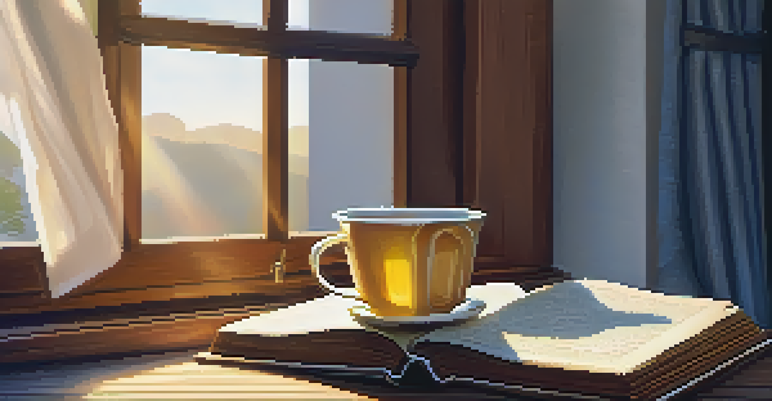 An old book, reading glasses, and a cup of tea on a wooden table.