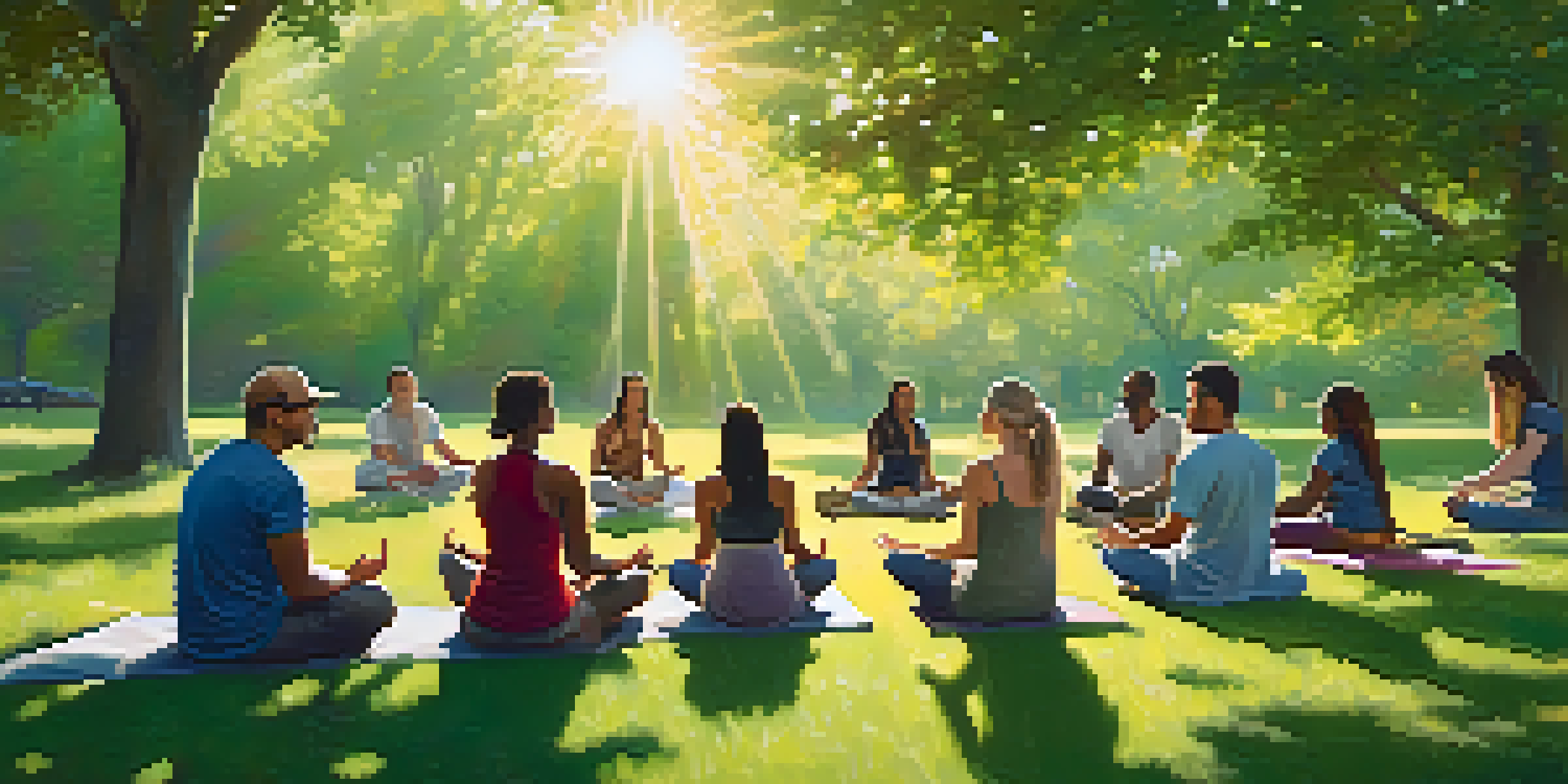 A diverse group of people meditating together in a sunlit park surrounded by greenery and flowers.
