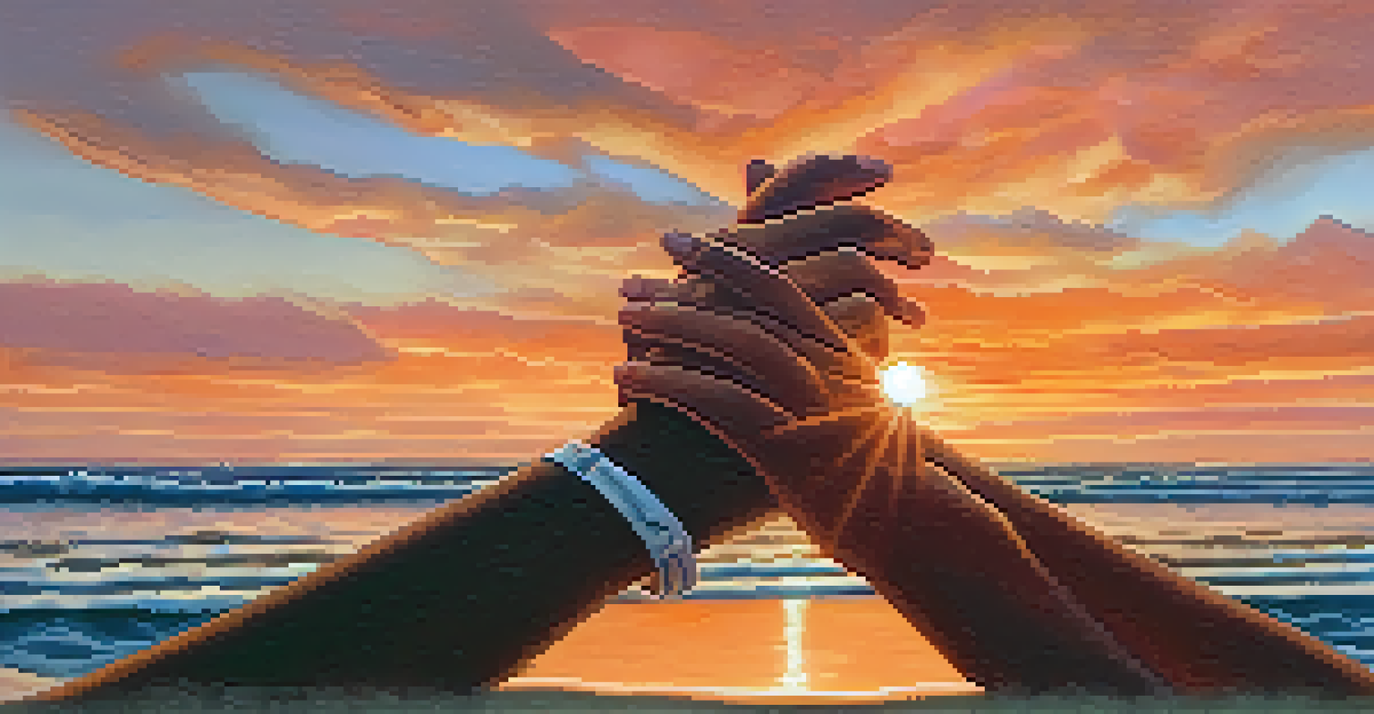 Close-up of two partners' hands intertwined against a sunset beach backdrop, symbolizing connection and trust.