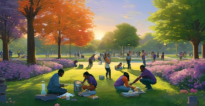 A community park at sunset with diverse individuals helping each other, planting flowers, and cleaning up, surrounded by greenery.