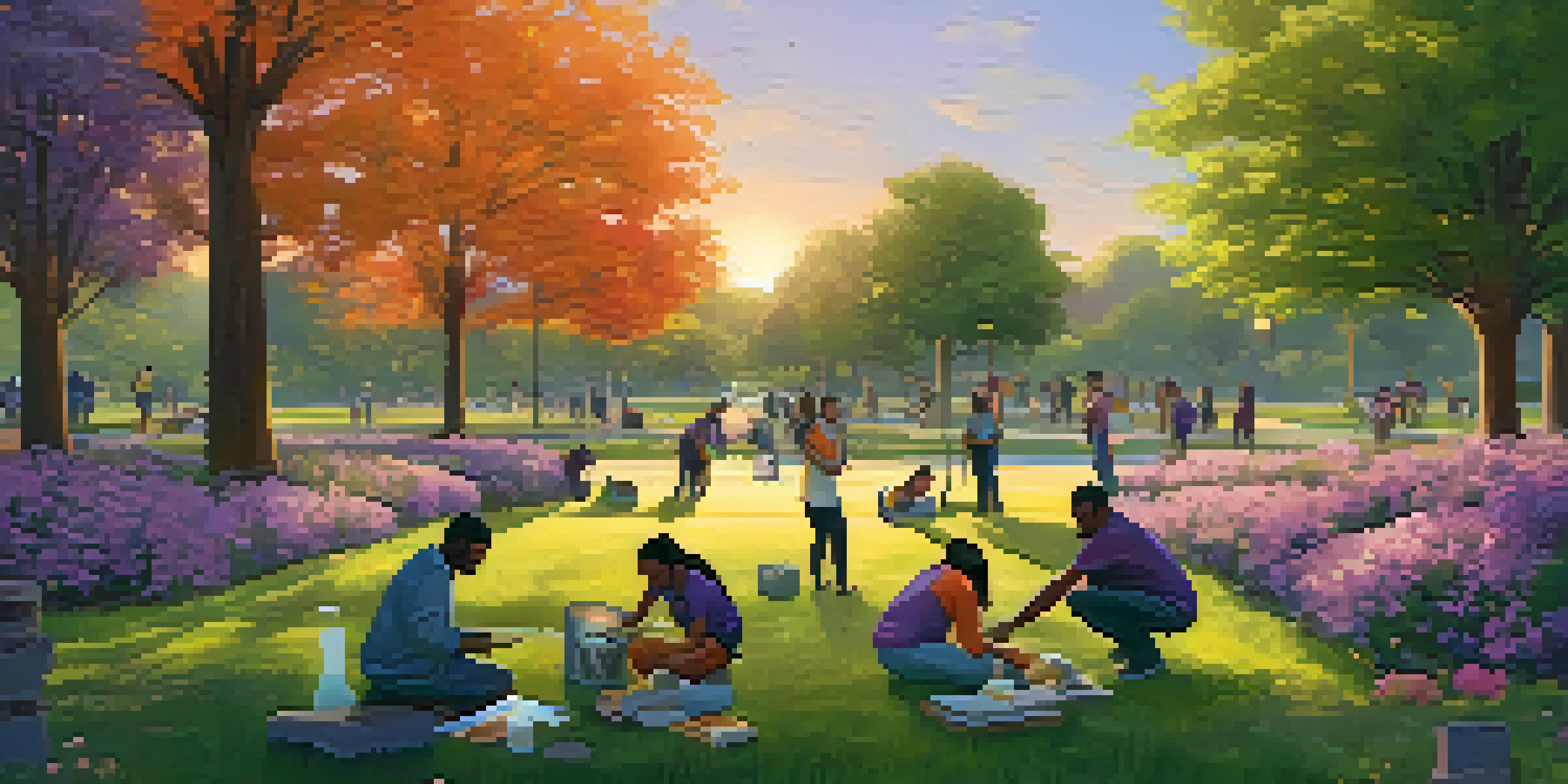 A community park at sunset with diverse individuals helping each other, planting flowers, and cleaning up, surrounded by greenery.
