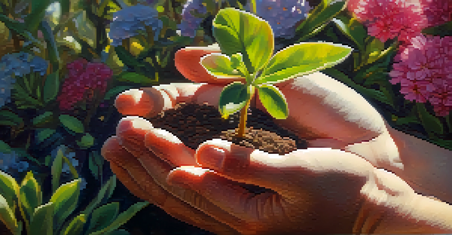 A close-up of hands holding a small plant in a vibrant garden background.