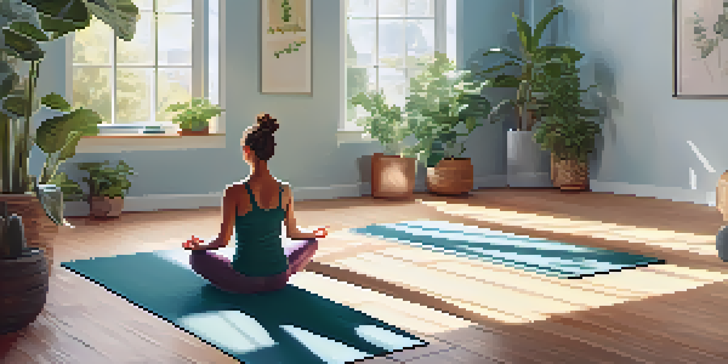 A person practicing yoga in a downward dog pose in a bright, plant-filled room with sunlight filtering through the window.