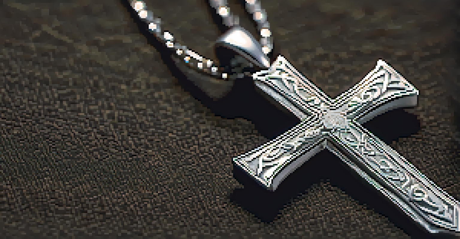 A close-up of a silver cross pendant on velvet cloth with candlelight in the background.