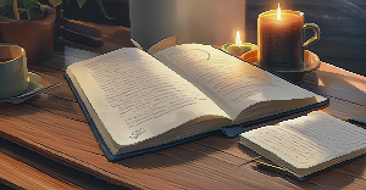 A mindfulness journal open on a wooden table with a cup of tea and a lit candle, creating a warm and inviting atmosphere.