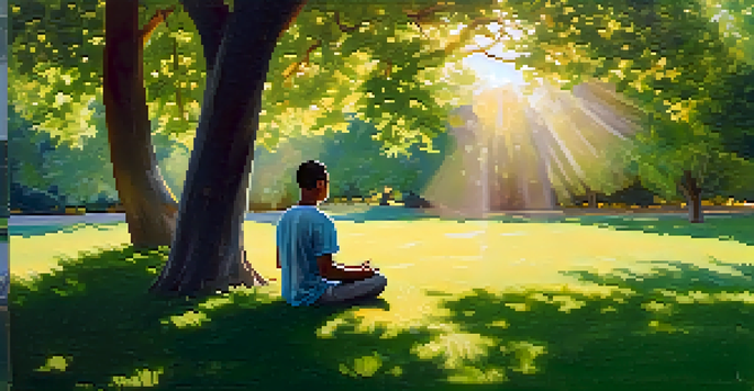 A person meditating peacefully in a vibrant green park, surrounded by blooming flowers and dappled sunlight filtering through the trees.
