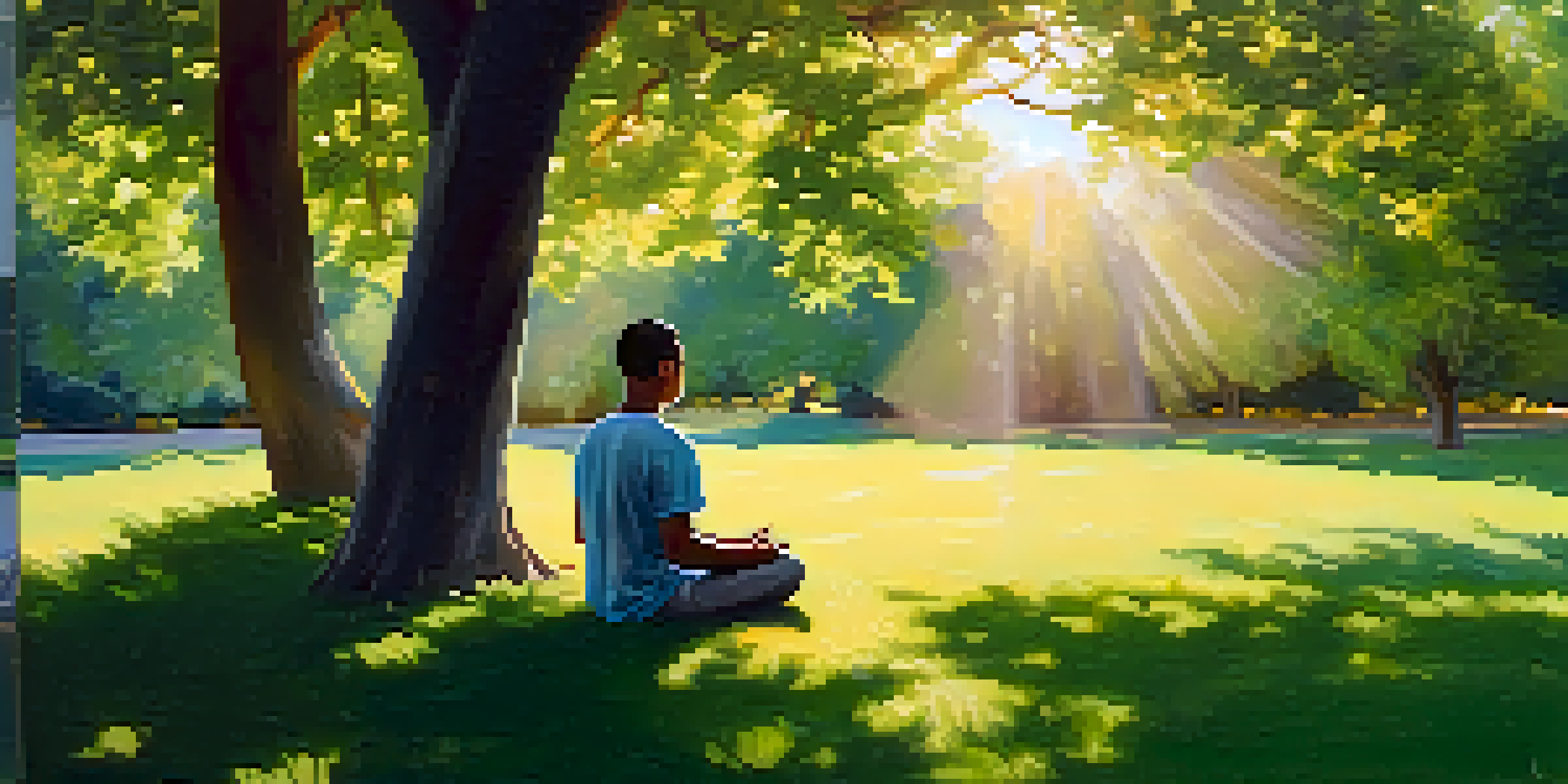 A person meditating peacefully in a vibrant green park, surrounded by blooming flowers and dappled sunlight filtering through the trees.