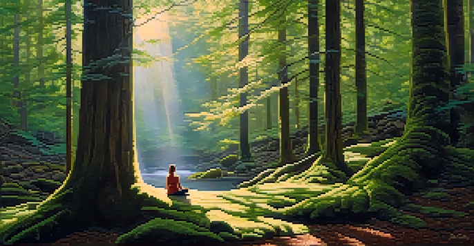 A person meditating in a tranquil forest, surrounded by greenery and sunlight filtering through the trees.