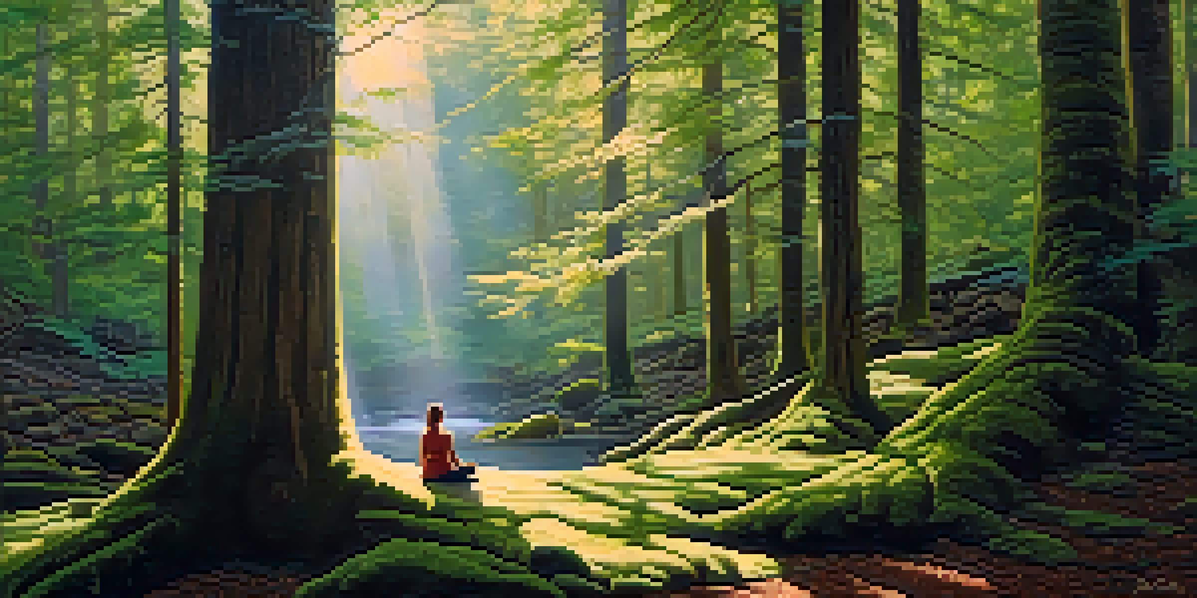 A person meditating in a tranquil forest, surrounded by greenery and sunlight filtering through the trees.