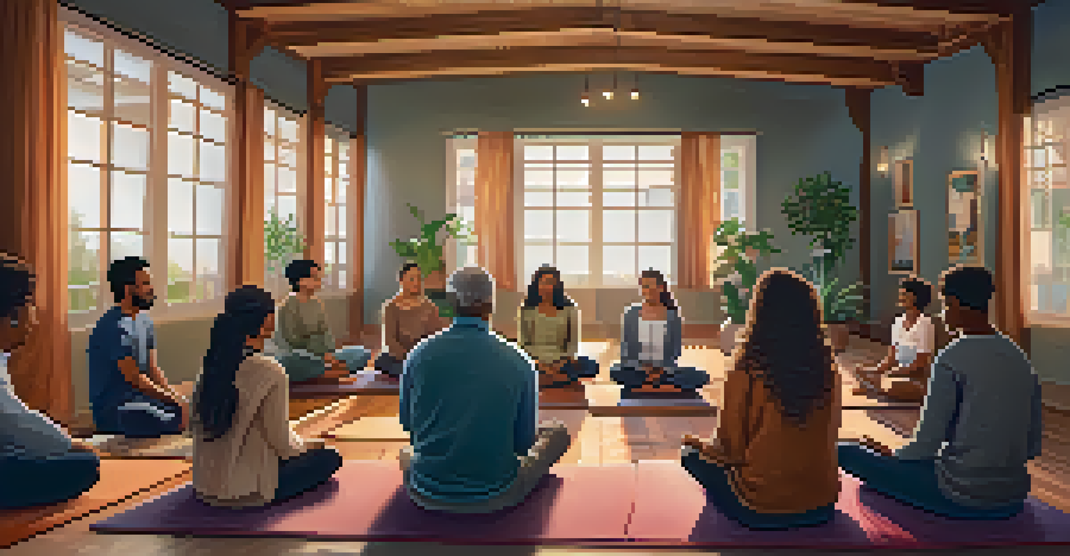 A diverse group of people meditating together in a cozy, warmly lit room filled with cushions and calming decorations.