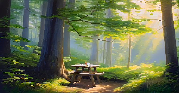 A tranquil forest clearing with sunlight filtering through trees, featuring a blanket and a cup of tea, evoking a sense of peace and solitude.