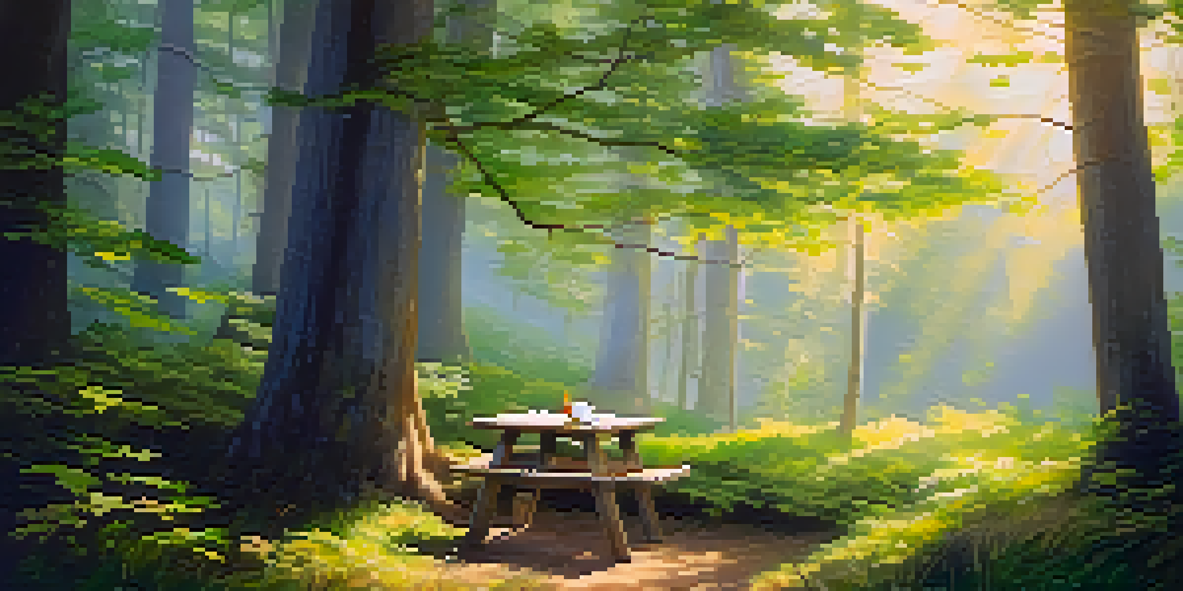 A tranquil forest clearing with sunlight filtering through trees, featuring a blanket and a cup of tea, evoking a sense of peace and solitude.