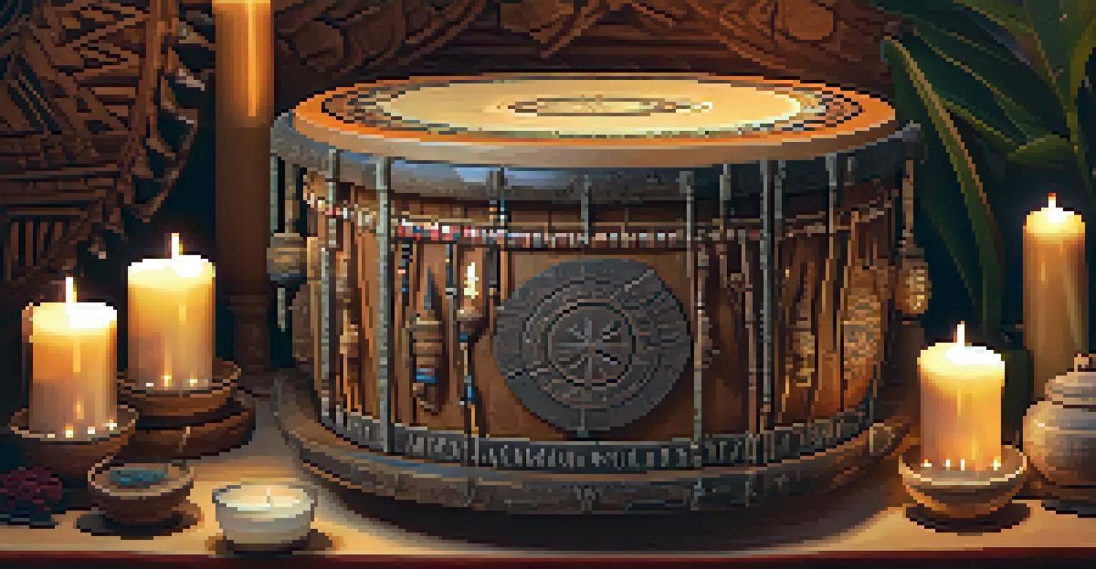 A close-up of a shamanic drum with intricate carvings on an altar, surrounded by candles and crystals in a warm, peaceful setting.