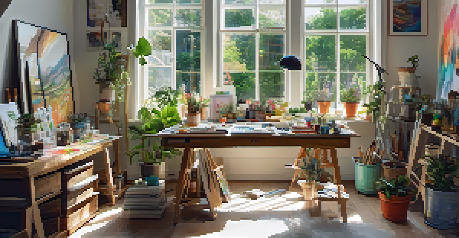 A cozy art studio with a table full of paint supplies, canvases, and plants, illuminated by warm sunlight from a large window.