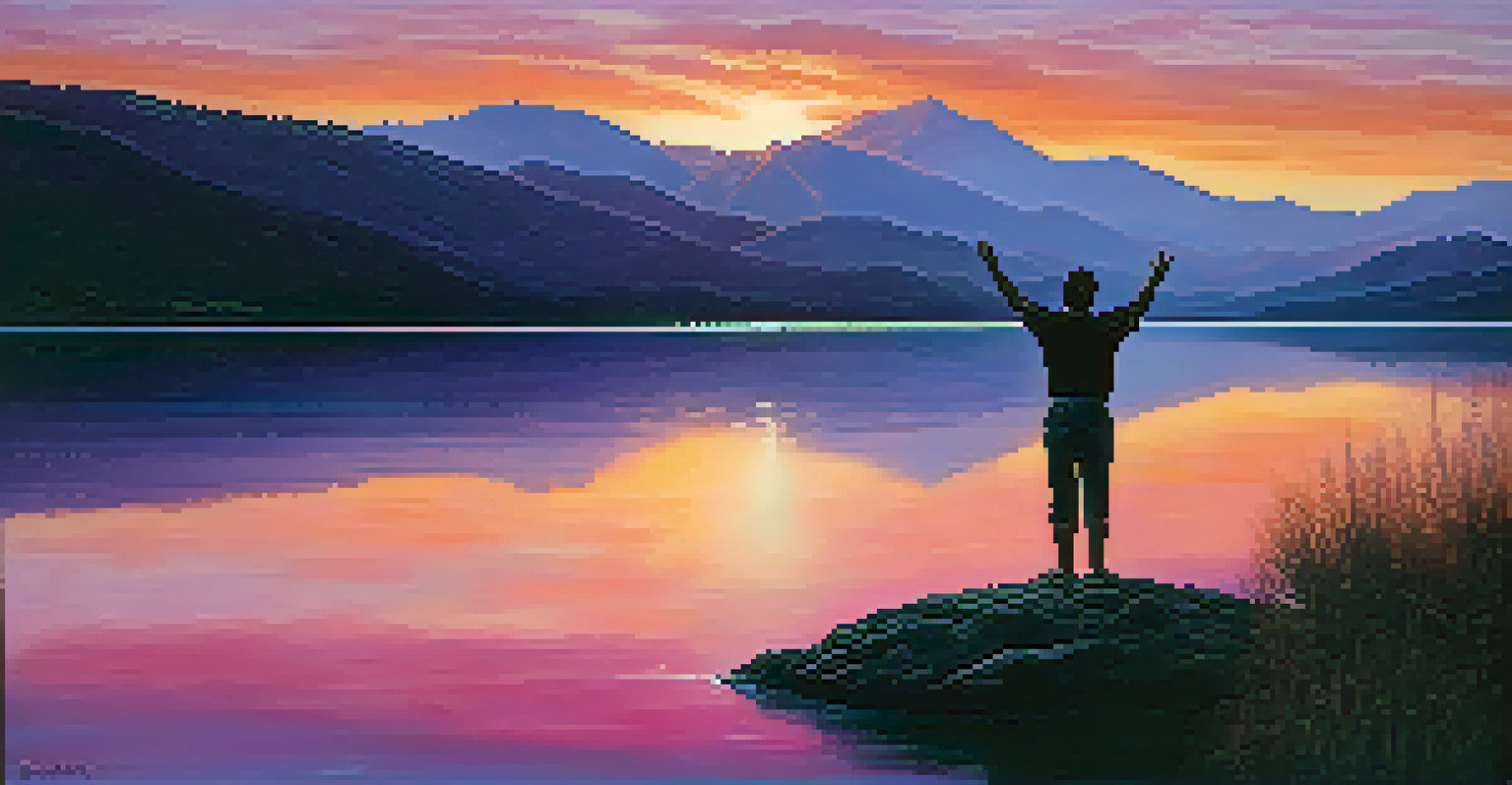 A person standing by a lake at sunset, arms raised in gratitude against a colorful sky.