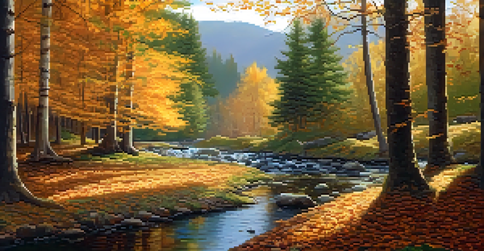 A peaceful autumn forest scene with golden leaves and a gentle stream reflecting the colors.