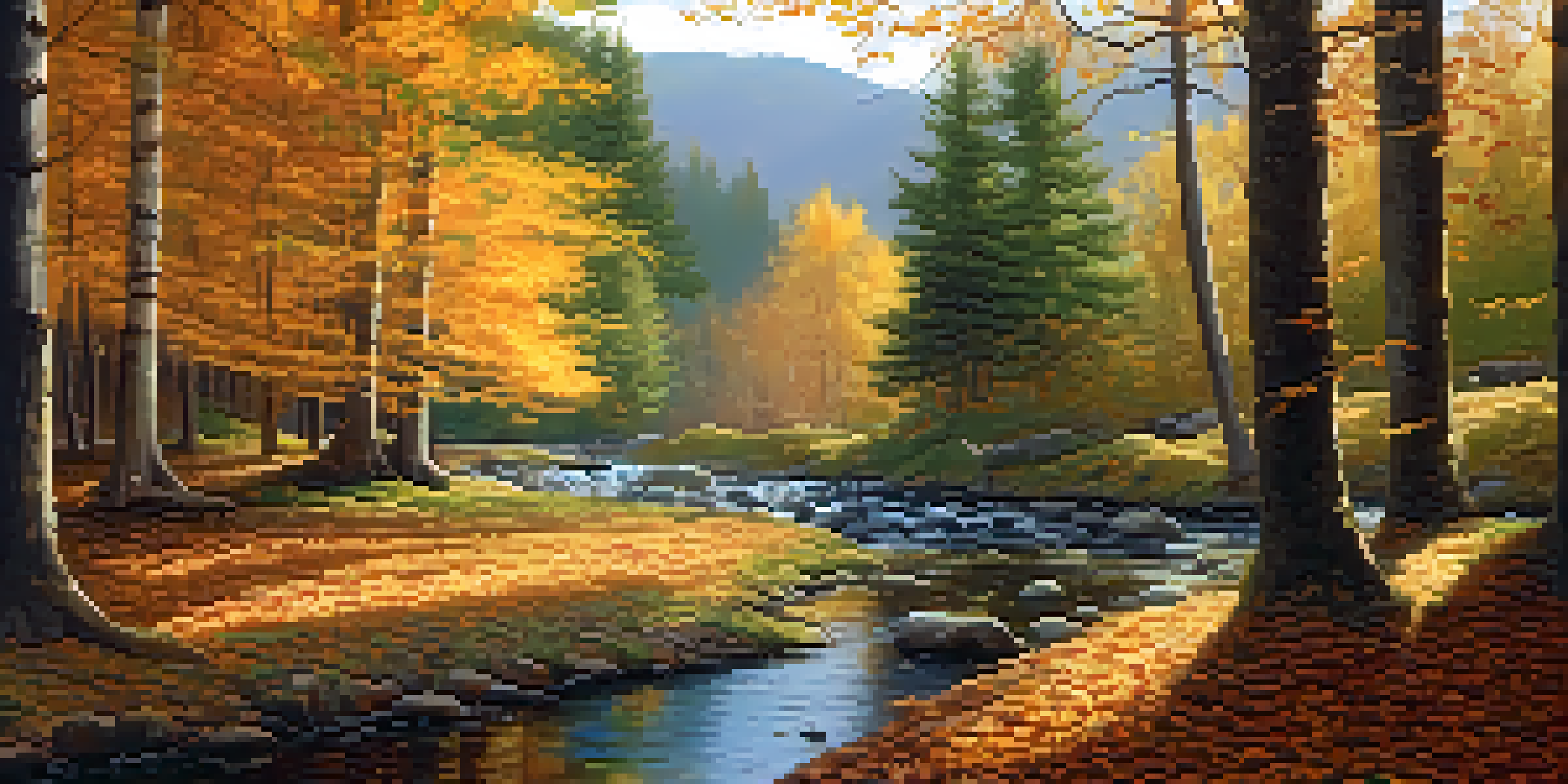 A peaceful autumn forest scene with golden leaves and a gentle stream reflecting the colors.