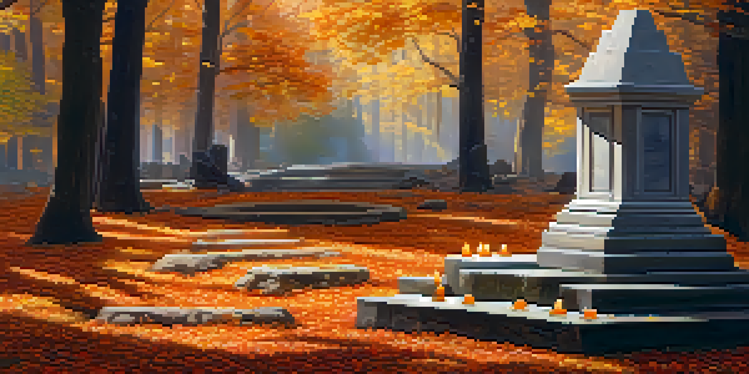 A tranquil forest with colorful autumn leaves, featuring a stone altar with candles and flowers, illuminated by soft sunlight.