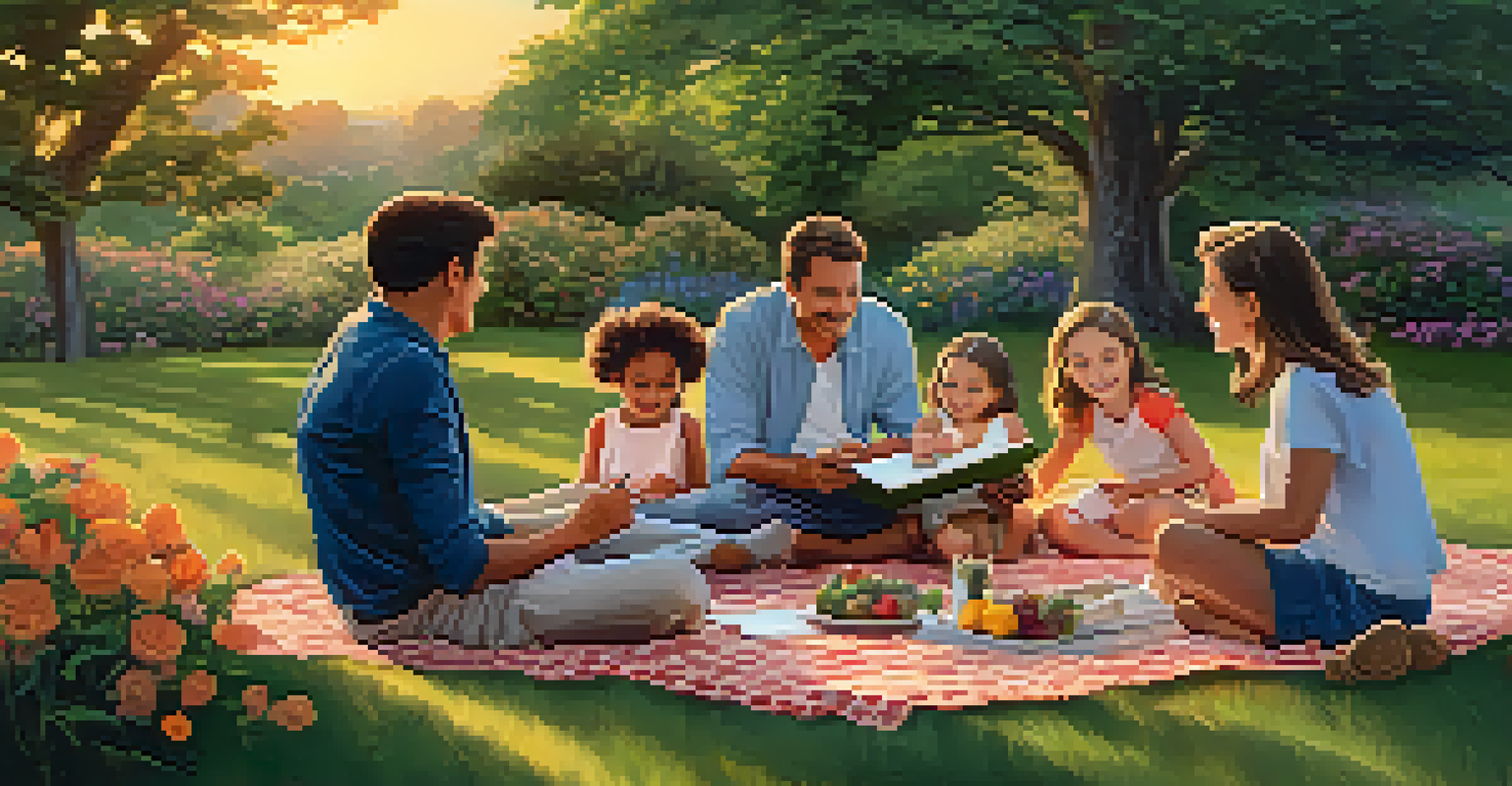 A family gathering in a garden during sunset, sharing moments of gratitude while sitting on a picnic blanket.