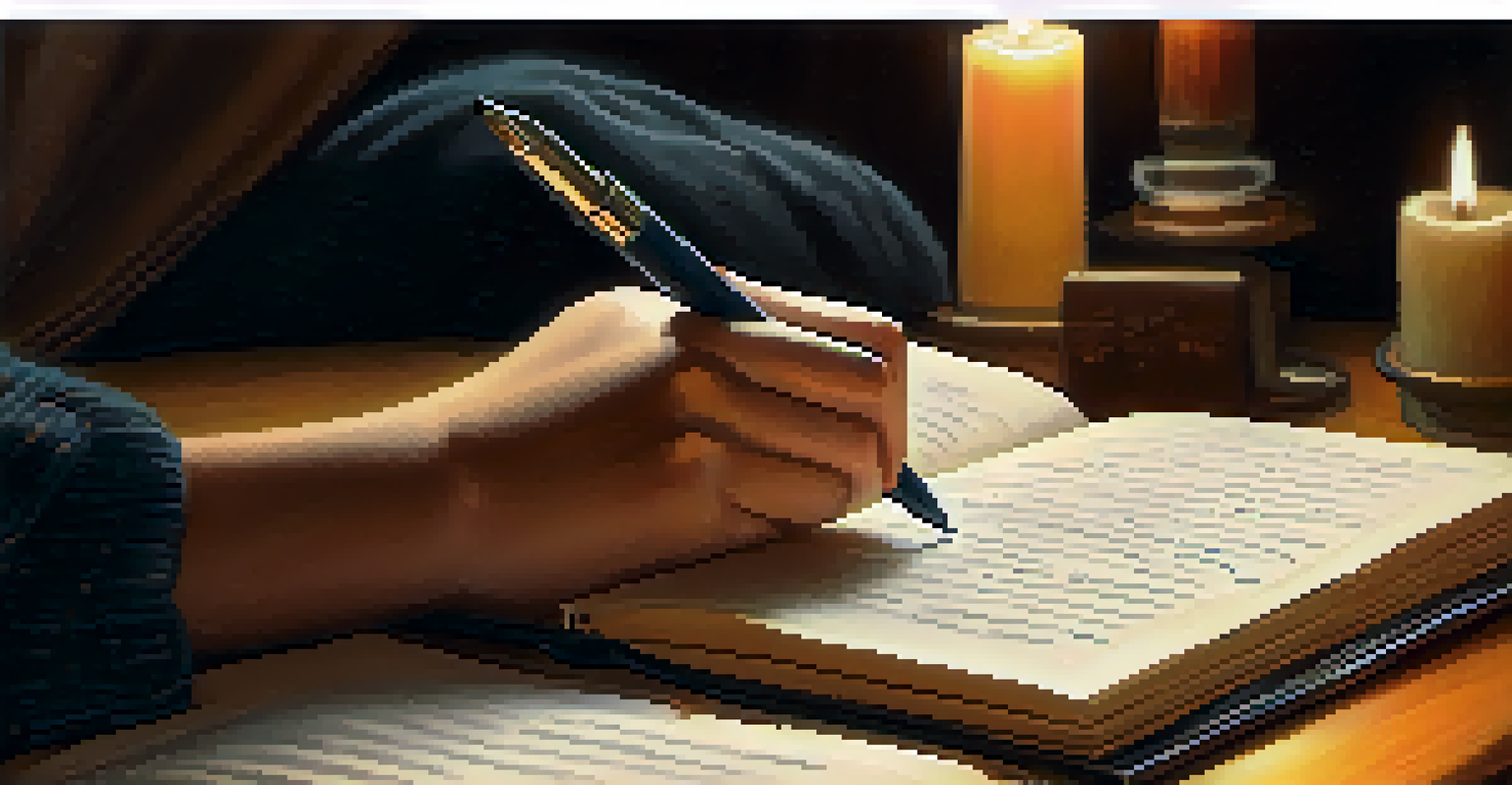 Close-up of hands writing in a journal about forgiveness, surrounded by a cozy setting with a flickering candle, creating a warm and introspective atmosphere.