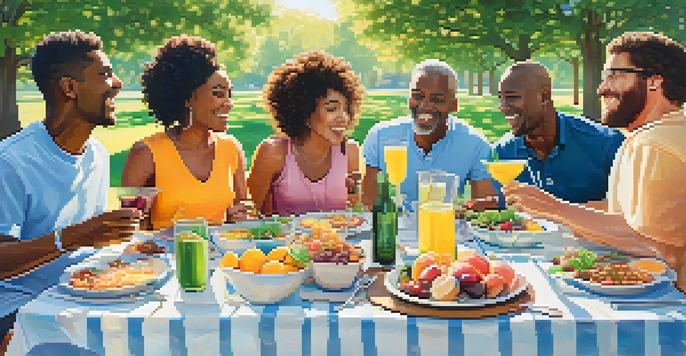A group of friends enjoying a picnic in a park, sharing food and laughter in a vibrant setting.