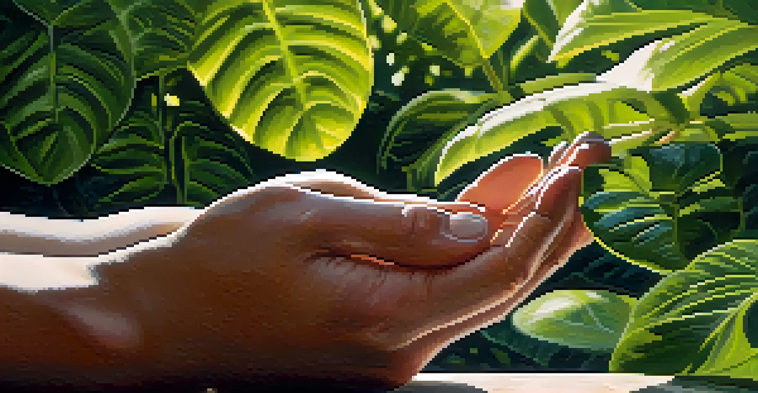 Close-up of hands practicing alternate nostril breathing in a peaceful outdoor environment.