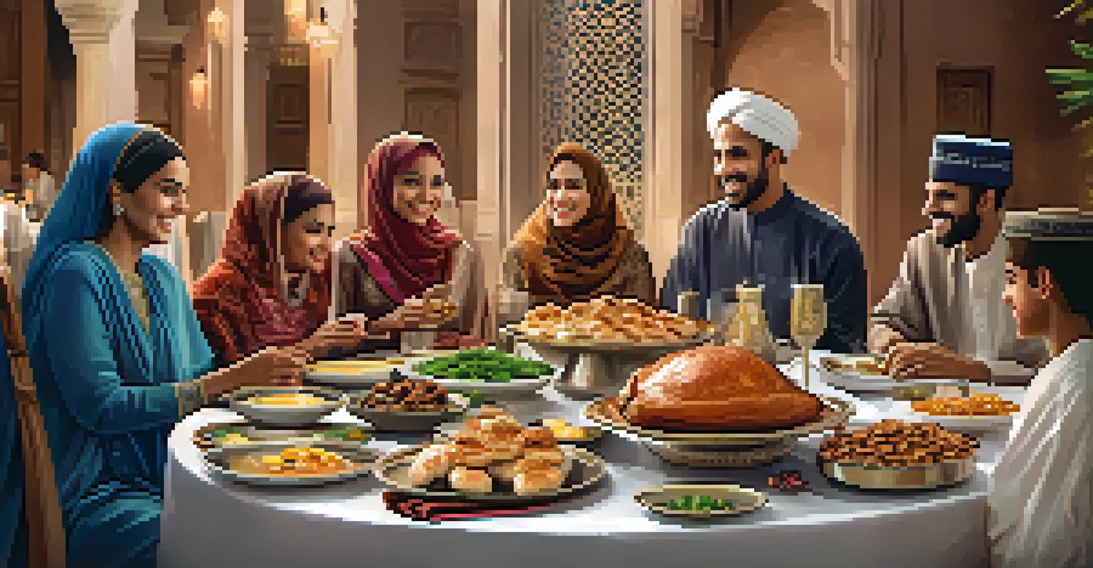 A festive Iftar dinner table with traditional dishes and family members enjoying the meal.