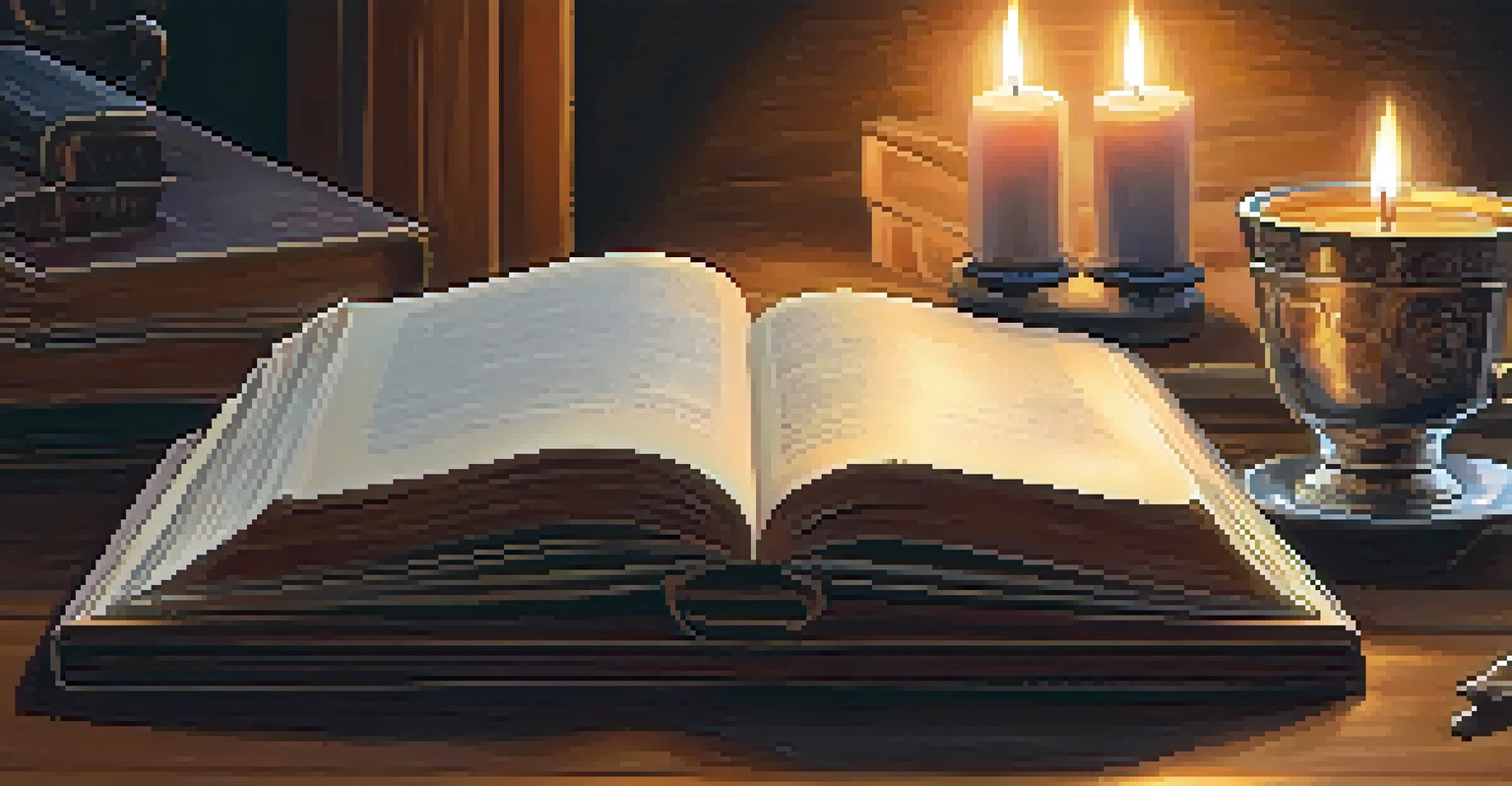 A cozy scene of an open book, cup of tea, and a lit candle on a wooden table.
