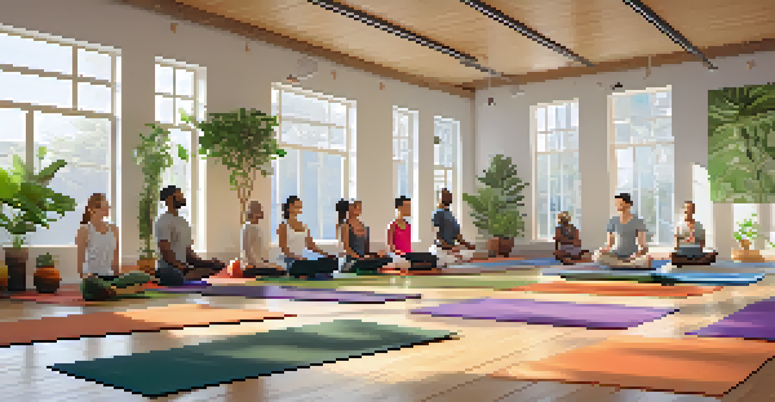 A diverse group of people practicing yoga in a bright yoga studio with plants and calming decor.