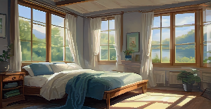 A cozy bedroom with soft sunlight, a made bed, a gratitude journal, and a steaming cup of tea on a bedside table.