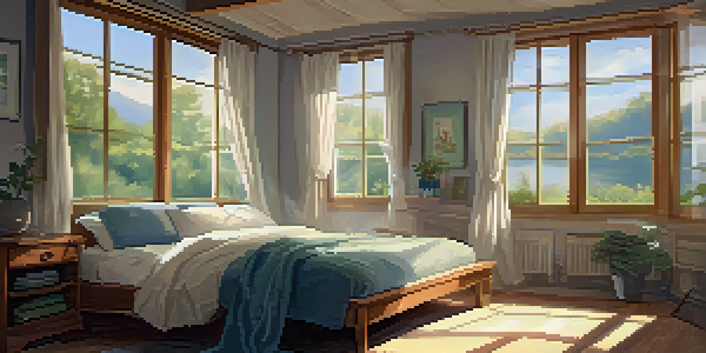 A cozy bedroom with soft sunlight, a made bed, a gratitude journal, and a steaming cup of tea on a bedside table.
