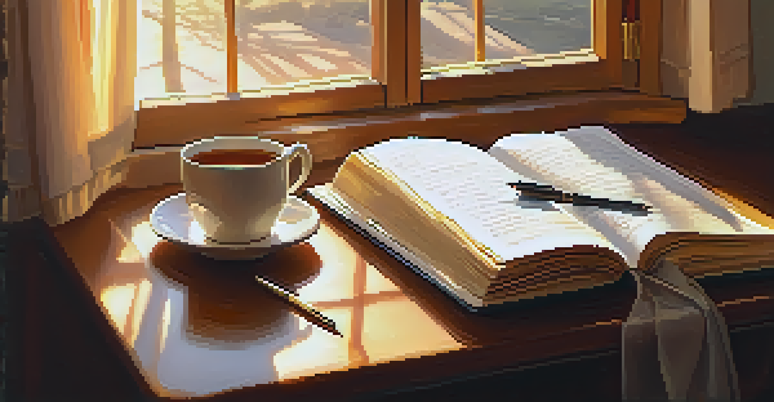 A cozy workspace with a journal, pen, and tea by a window, illuminated by warm sunset light.
