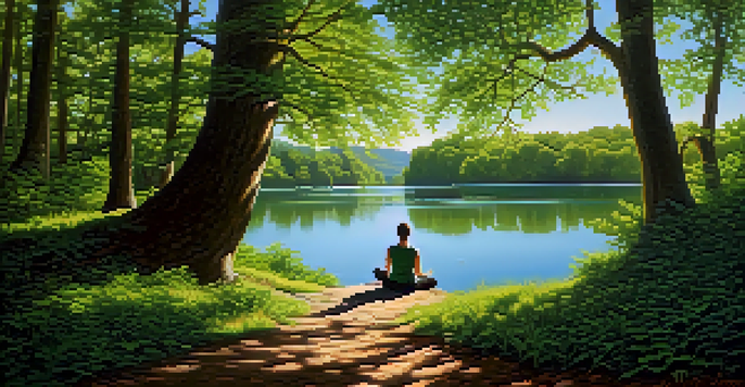 A peaceful hiking trail in a lush green forest leading to a tranquil lake, with a person meditating on a rock.