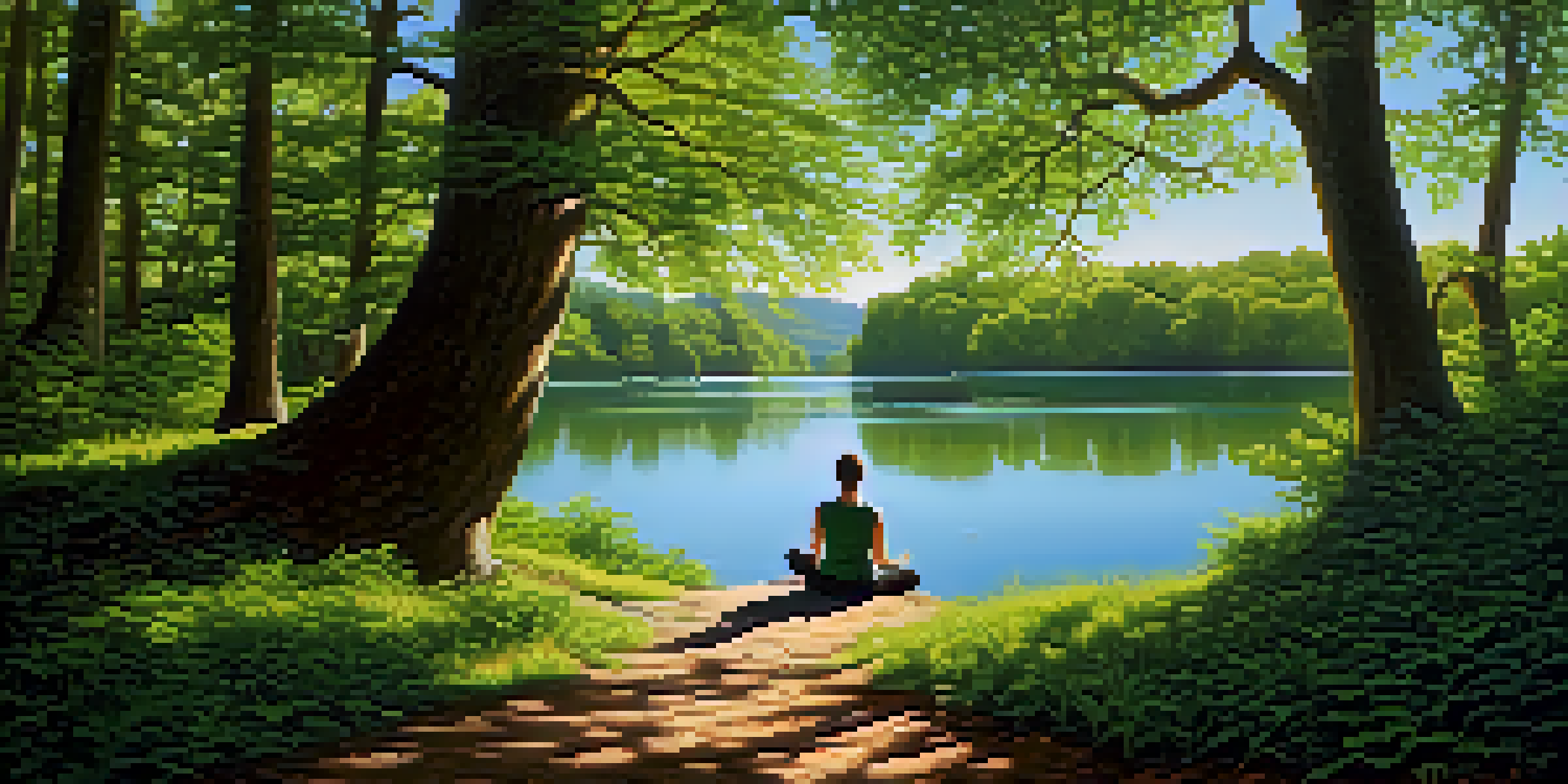 A peaceful hiking trail in a lush green forest leading to a tranquil lake, with a person meditating on a rock.