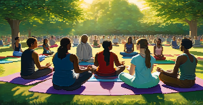 A diverse group of people meditating together in a sunny park, surrounded by nature and colorful flowers.