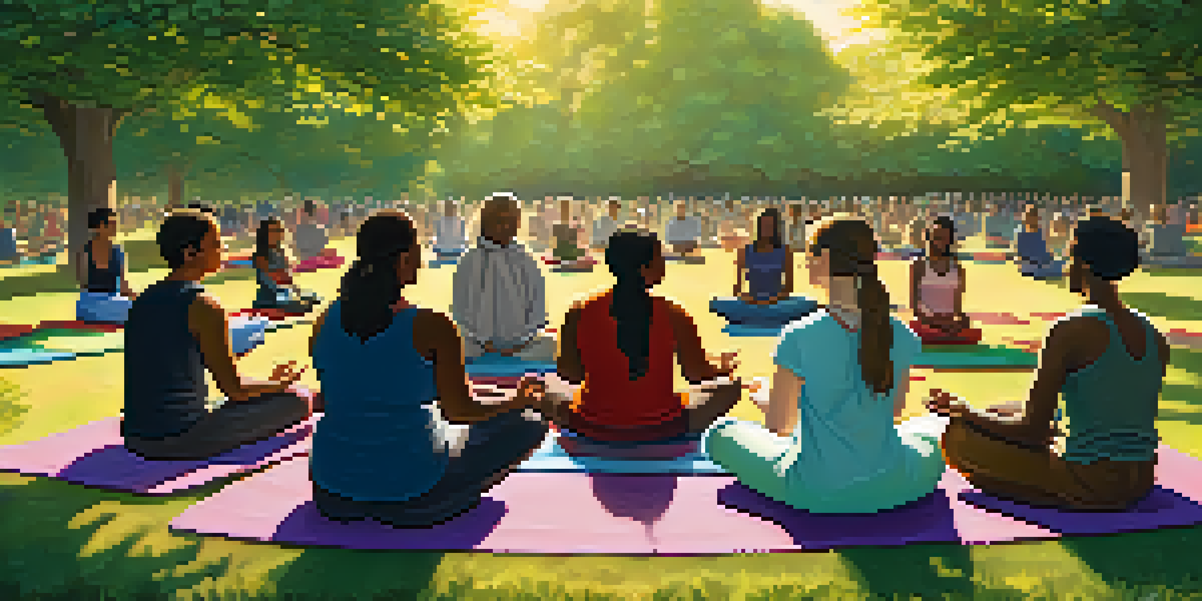 A diverse group of people meditating together in a sunny park, surrounded by nature and colorful flowers.